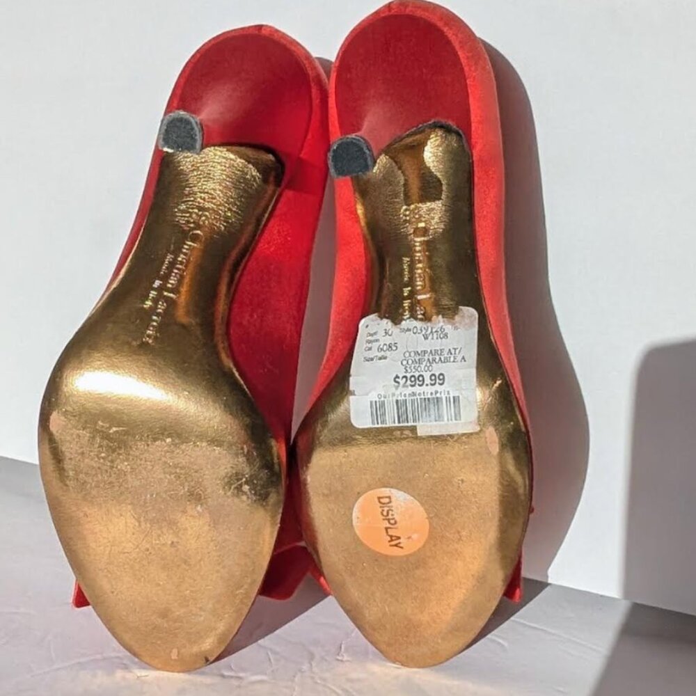 Vintage Christian Lacroix Red Satin Bow Rhinestone Peep Toe Pumps Y2K Designer - Picture 6 of 7